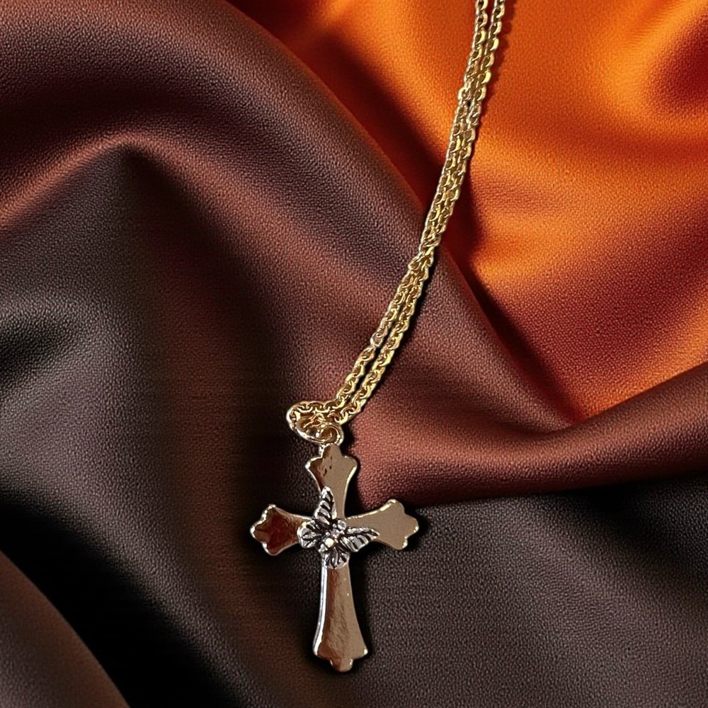 Gold and Silver Toned Cross and Butterfly Pendant Necklace - Picture 14 of 17